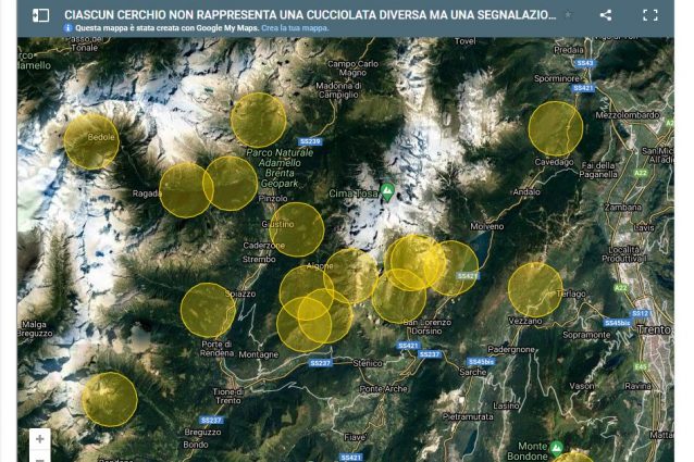 La mappa delle segnalazioni disponibile sul sito dedicato ai grandi carnivori in provincia di Trento