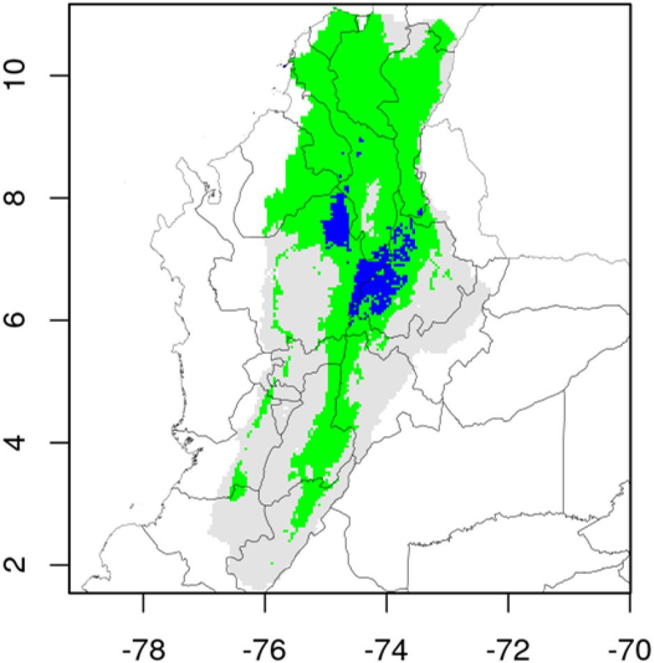 Modello di previsione di idoneità ambientale. Le aree blu indicano l’attuale distribuzione degli ippopotami in Colombia. Le aree verdi indicano un potenziale habitat colonizzabile © Castelblanco–Martínez, D. N., Moreno–Arias, R. A., Velasco, J. A., Moreno–Bernal, J. W., Restrepo, S., Noguera–Urbano, E. A., … & Jiménez, G. (2021). A hippo in the room: Predicting the persistence and dispersion of an invasive mega–vertebrate in Colombia, South America. Biological Conservation, 253, 108923.