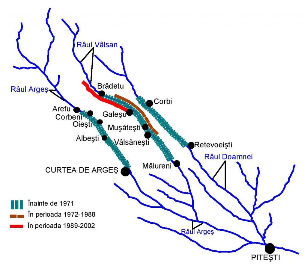 Mappa schematica del fiume Arges e dei suoi affluenti.