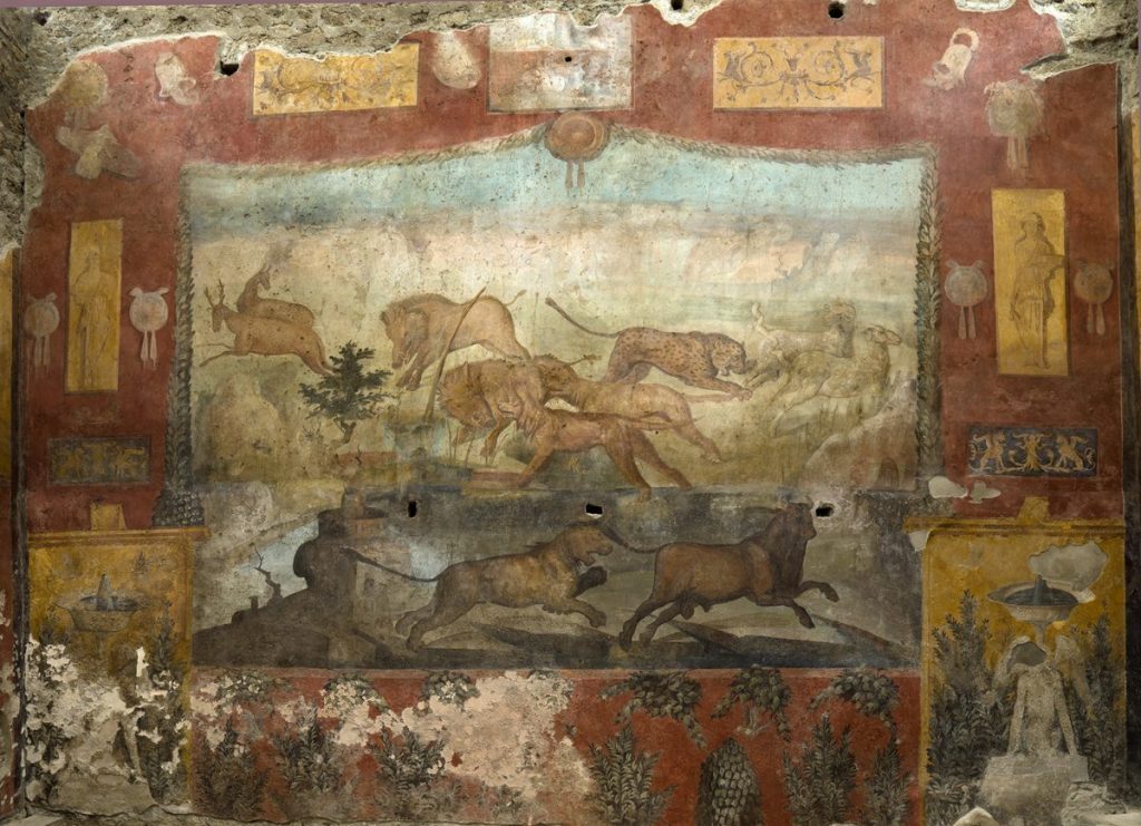 Affresco di una scena di caccia tra animali nella Casa dei Ceii (credits: sito ufficiale Parco archeologico di Pompei)
