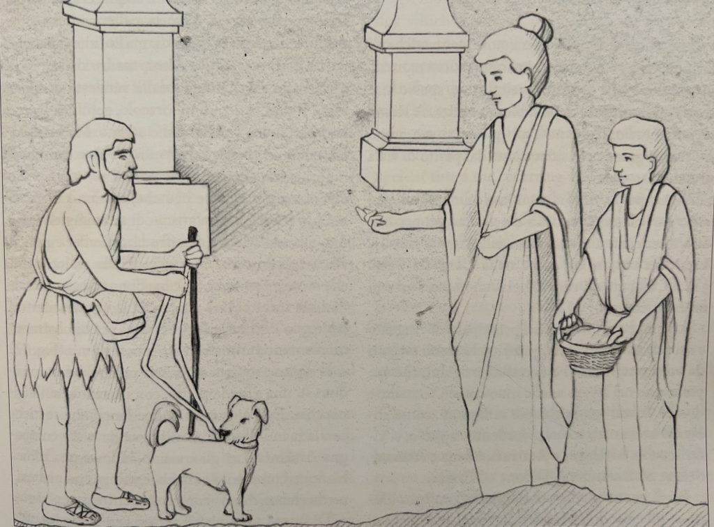 La ricostruzione grafica dell’affresco del vecchio non vedente con il cane così come è stata fatta da Francesca Longo nel libro "Il cane e l’arte pompeiana"