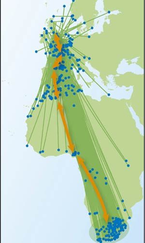 Una delle rotte migratorie principali delle rondini nordeuropee: Dal nord Europa giù seguendo i Pirenei, per poi attraversare Gibilterra ed infine il Sahara