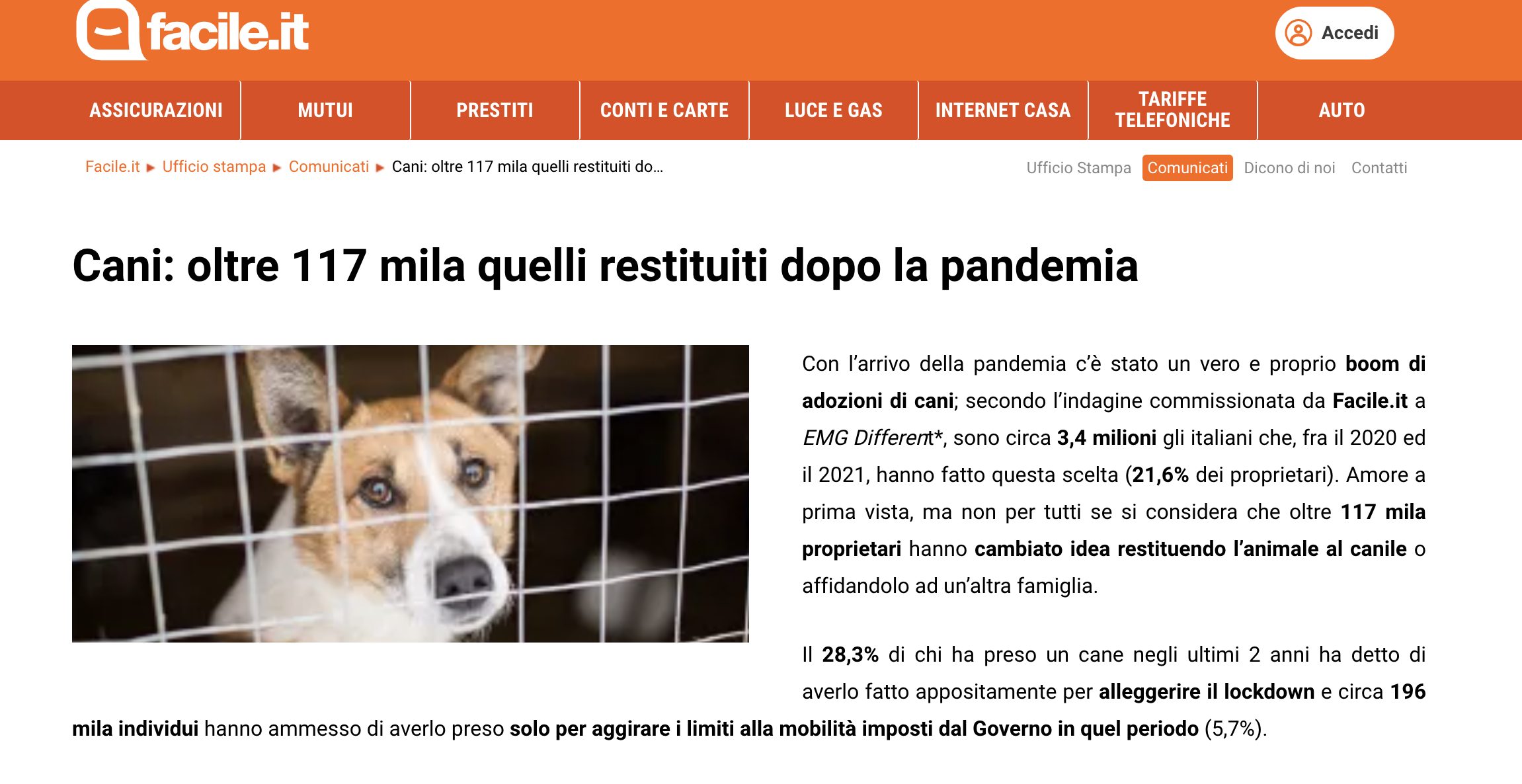 Il comunicato diffuso da Facile.it
