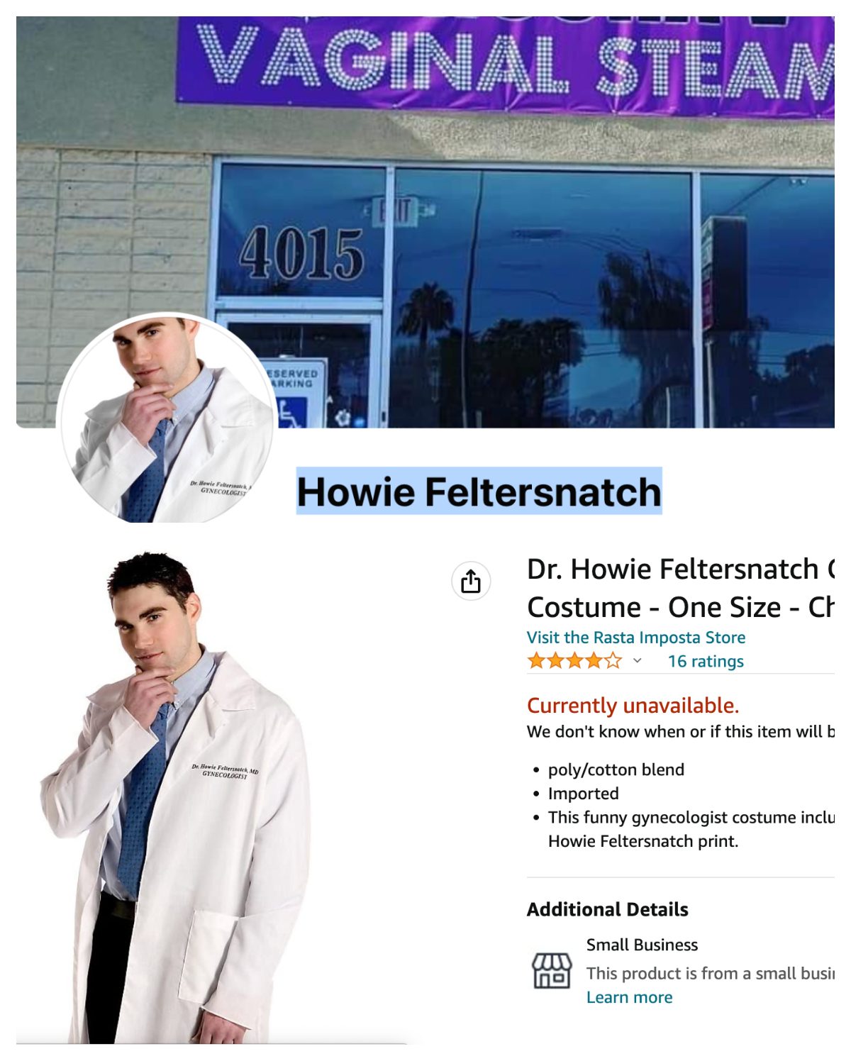 Sopra, il profilo di Howie Feltersnatch; sotto, l’annuncio Amazon di vendita del costume