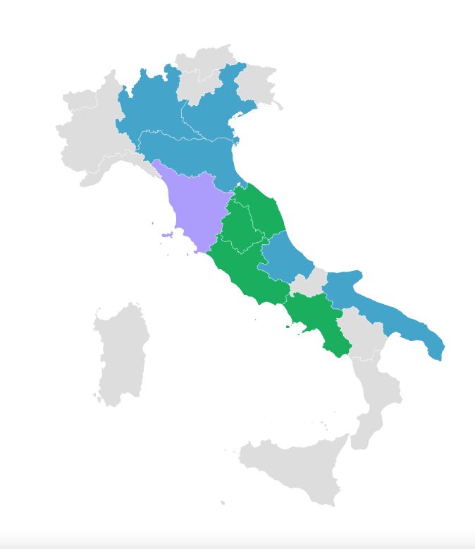 In verde: Regioni che vietano la detenzione di cani alla catena; In blu: Regioni italiane che vietano la detenzione del cane a catena con eccezioni per motivi urgenti e temporanei; In viola: Regioni italiane che hanno adottato un’ordinanza regionale straordinaria per il divieto di detenzione dei cani a catena fino al 30 settembre. Dal rapporto "Verso il divieto di tenere i cani alla catena"
