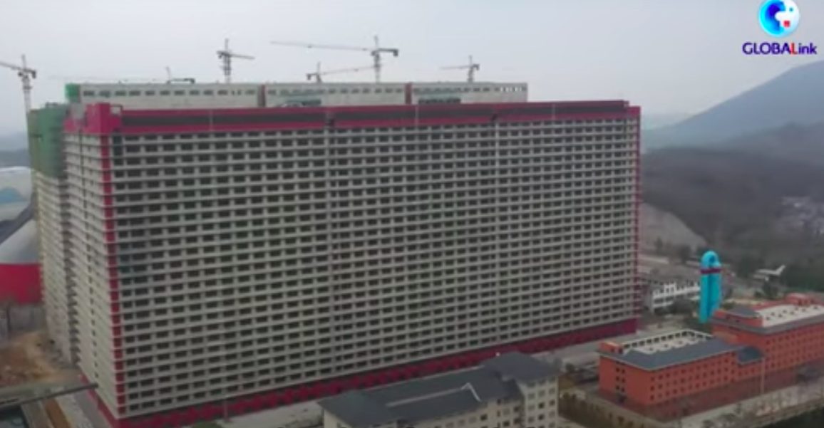 Il palazzo di 26 piani che ospita lil gigantesco allevamento intensivo di suini (fonteYouTube)