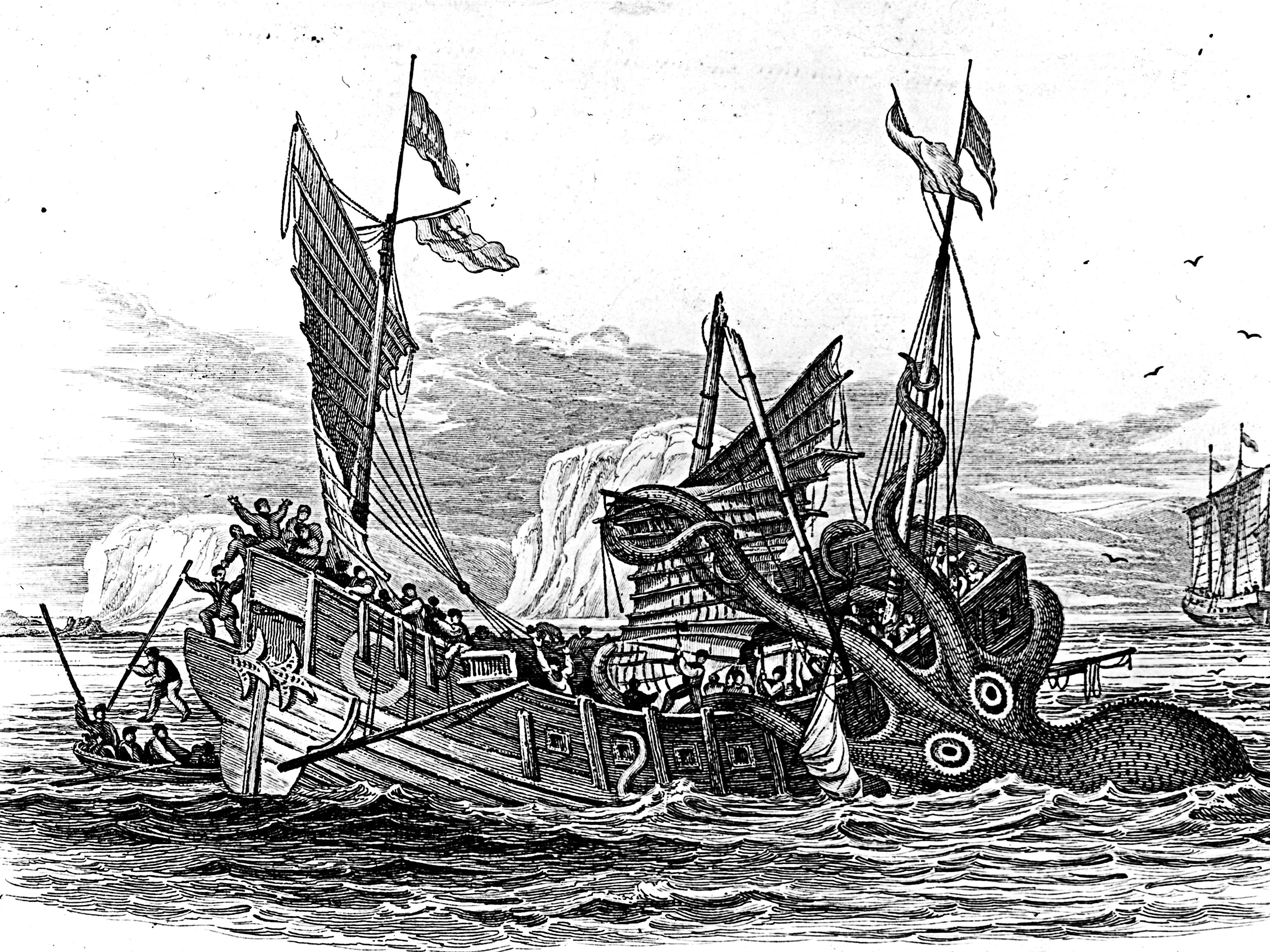 Illustrazione di Pierre Denys de Montfort del 1810, raffigurante un polpo gigante che attacca una nave, via Wikimedia Commons